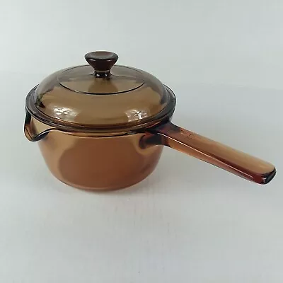 Vision Corning Cookware 1 L Amber Glass Sauce Pan Pot Pyrex Lid Spout • $29.99