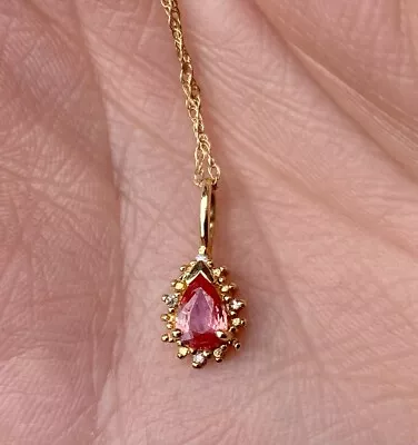 18ct Yellow Gold Mined Padparadscha Sapphire & 4 Diamond Chain Necklace 18” 750 • £285