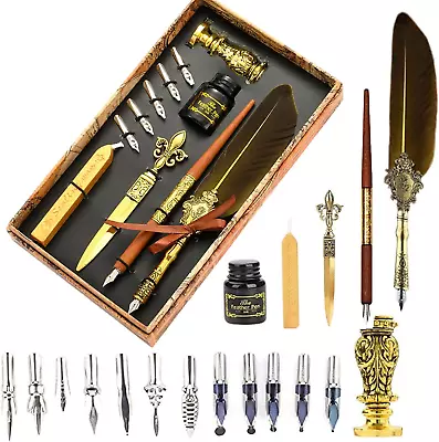 Real Feather Quill Pen And Ink Set Include Sealing Wax Stamp Kit For Wedding W • £28.87