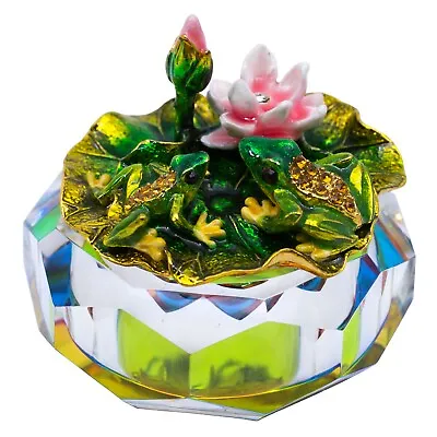 Bejeweled Enameled Metal Frogs Glass Trinket Box With Crystals 3  Wide New! • $49.30