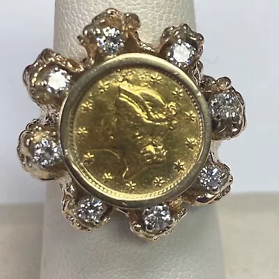 Vintage 14k Yellow Gold Coin Ring! 1854 $1! Diamonds! • $1475