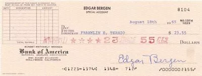 Check Signed By Edgar Bergen - Autograph Check - American Ventriloquist Actor  • $255