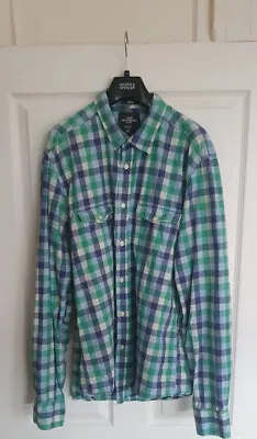 H&M LOGG Mens Shirt Fitted Size XL Green/Off-white And Blue Check Casual • £9
