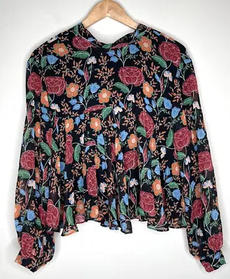 Women's Zara Black Floral Long Sleeve Blouse Swing Top Size Large • $16.99