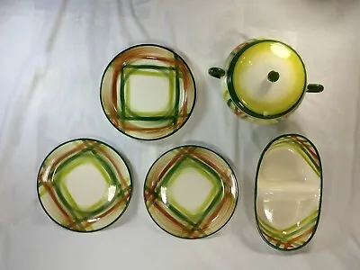 1950s Vernonware Tam O'Shanter Hand Painted Brown & Green Plaid 6 Total Pieces • $40