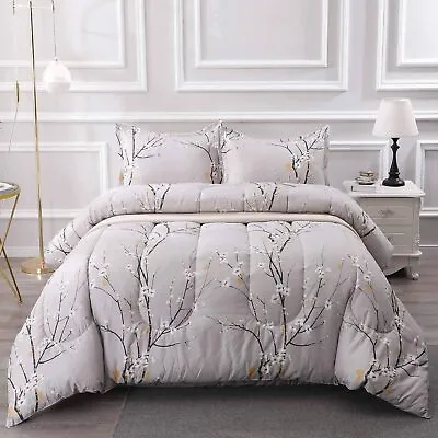 $84.90 • Buy Gray Grey White Floral Cherry Blossoms 3pc Comforter Set Full Queen King Bedding