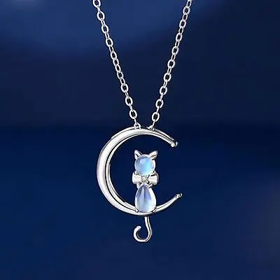 £3.37 • Buy Women Moonstone Cat Pendant Chain Necklace 925 Sterling Silver Jewellery Gift🔥