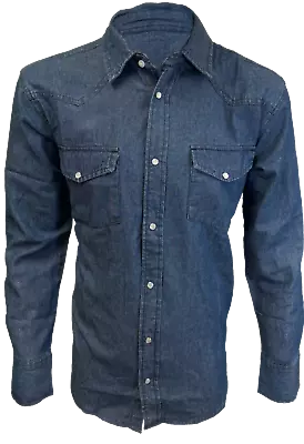 Mens Denim Western Shirt Dark Blue Wash Cotton Pearl Snap Up Buttons 2 Pockets • $22.50