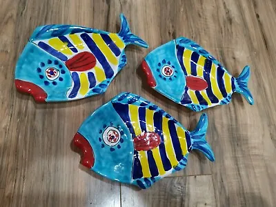 3 Of La Musa Hand Painted Italian Fish Plates Excellent Condition 11  X 7  • $99