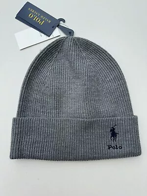 BNWT Polo Ralph Lauren Grey W/ Navy Pony - Merino Wool Beanie Knitted Hat • £35