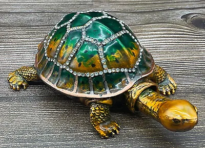 Turtle Tortoise Shaped Enamel Metal Rhinestones Hinged Trinket Box • $13.99