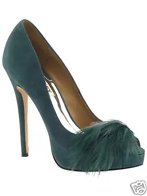 $220.50 • Buy NIB Badgley Mischka Ginnie Leather Evening Open Toe Pump Shoes Feather Teal 10 M