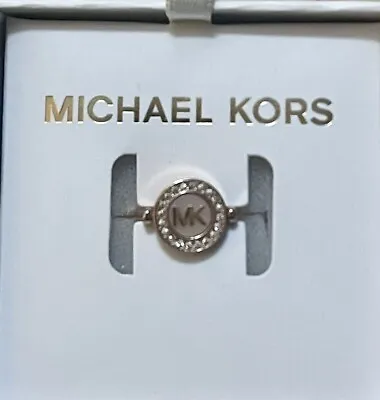 MICHAEL KORS Rose Gold Stainless Steel Crystal MK Center Ring Size 9 NWT In Box • $49.99