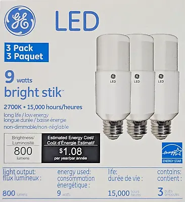 (3 Pack) GE Bright Stik 9w / 800 Lumens 2700k Long Life Bulb 75184 / LED9LS3/827 • $14.95