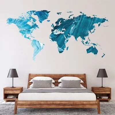 Blue Paint Effect World Map Wall Sticker WS-51383 • £12.98