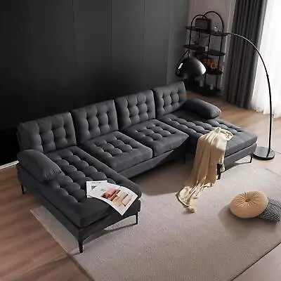 4 Seat Upholstered U-Shaped Sectional Sofa Set With 2 Chaise Living Room Gray • $467.99