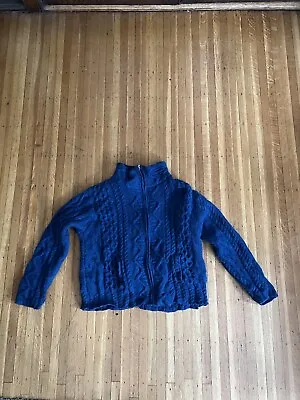 Inis Crafts 100% Merino Wool Cable Knit Fisherman Sweater Full Zip Large Blue • $24.50