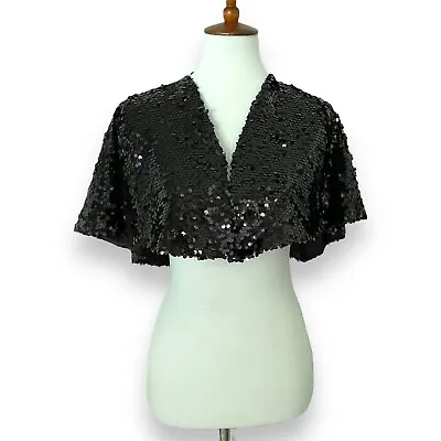 Teeze Me Black Sequined V-Neck Cape Jacket Shrug Wrap Shawl SZ NEW NWT • $9.99