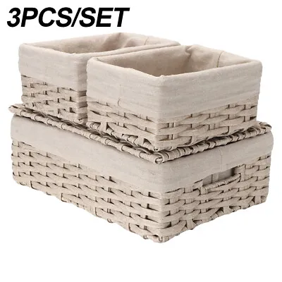 £18.24 • Buy 3PC Woven Wicker Basket Storage Boxes Set Handle Shelf Closet Bags W/Lining Li