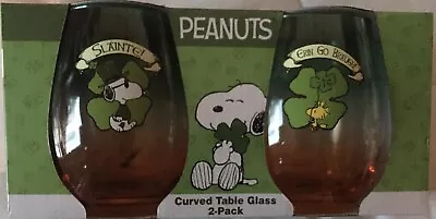 Peanuts~Snoopy St. Patrick’s Day~Set Of 2~Stemless Wine/H20~Curved Glasses~NEW • $26.95