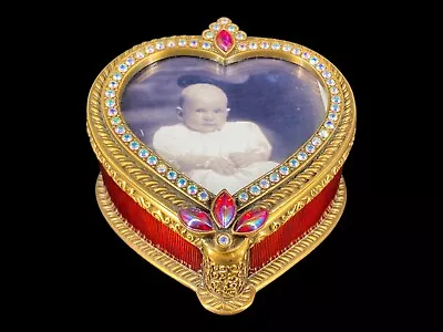 Berebi Ruby Enamel Heart Trinket Box Picture Holder Lid Swarovski Crystals VG+ • $24.99