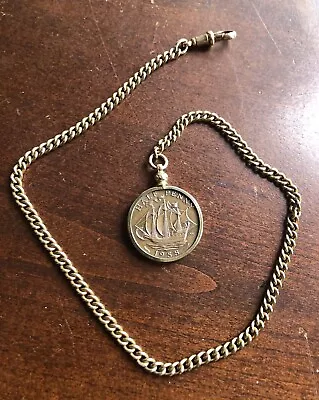 Vintage Pocket Watch Chain & Fob - 1958 Half Penny - Sir Francis Drake's Ship • $29