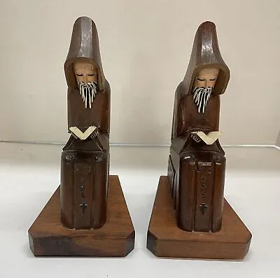 Vintage Hand Carved Wooden Monk Figure Bookends Bible Christian W/ Rosary Statue • $39.99