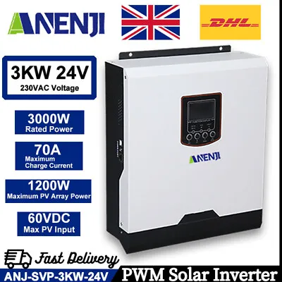 3000W Solar Inverter All In One Off-Grid Hybrid PWM Pure Sine Wave 230VAC 24VDC • £189.67