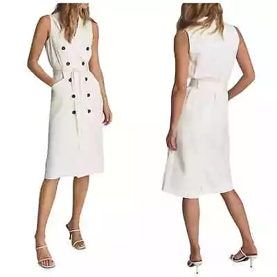 NEW Reiss Dana Double-Breasted Linen-Blend Midi Dress White Tuxedo Trench 10 • $175