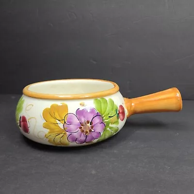 Vintage Portugal Pottery Ceramic Fondue Pot W/ Handle Hand Painted Floral FTD • $16.49