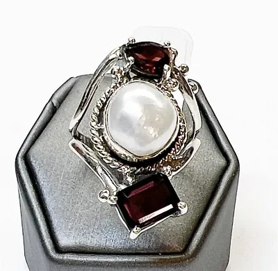 Dramatic Sterling Silver Garnet & Mabe Pearl Statement Ring SZ 9 • $38