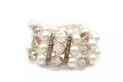 Vintage Bracelet Silver Tone Faux Pearl Rhinestone Multi Strand 6.5  • $13.49