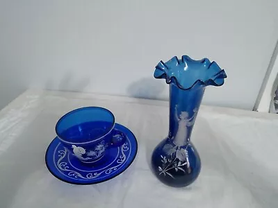 VTG. MARY GREGORY Hand Painted Cobalt Blue Vase Ruffled Edge & Teacup & Saucer • $45
