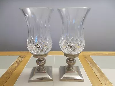 2 Waterford Crystal Lismore Hurricane Lamps W/Silver Base  Candle Holder - 11  • $80