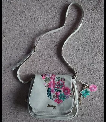 Mantaray Debenhams Leather Grey Embroidered Pink Green Floral Cross Body Bag • £10.99