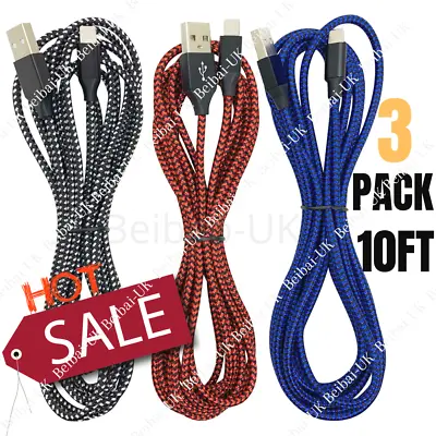 3 Pack Braided USB Cable 3M Long For IPhone 14 13 12 11 XR IPad Fast Charge Cord • $18.88