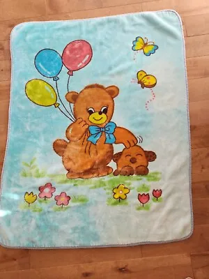 EUC Vintage Mink Baby Blanket Bear Balloons Petting Puppy Kawaii Style Lovey • $124.98