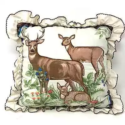 VTG Deer Mushroom Accent Pillow Ruffled Needlework 16”x15” Boho Nature Forest • $28.15