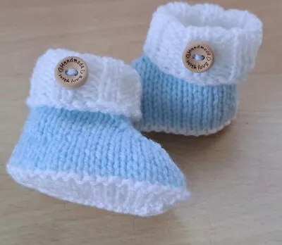 £3.99 • Buy Blue And White Baby Booties. Hug Inspired With Wooden Buttons. 1 Size.