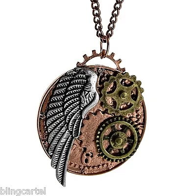 Steampunk Necklace Gears Angel Wing Clockwork Copper Tone Antique Style Pendant • $9.99