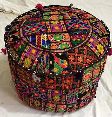 Vintage Black Ottoman Pouf Cover Floor Decorate Handmade Cotton Blend Footstool • $33.05