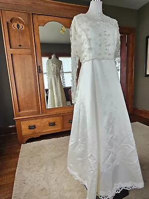 Handmade Wedding Gown -Jacket White Satin Embroidered Floral Pearl Beads Vintage • $43.67