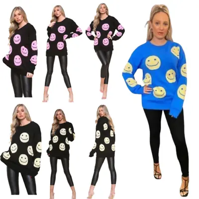 Women's Ladies Christmas Oversize Knitted Sweater Smiley Faces Baggy Warm Jumper • £11.99