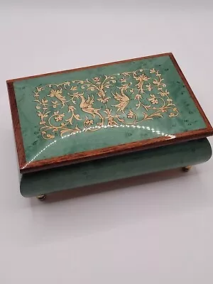 Italian Inlay Emerald Green Floral Musical Jewelry Box- Brass Feet & Hinges- • $114.89