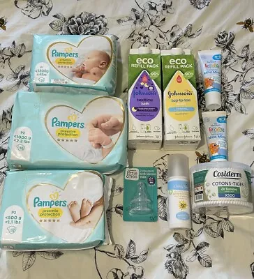 Pampers Premature Nappies Johnson’s Eco Refills Child’s Farm Tests Baby Bundle  • £10