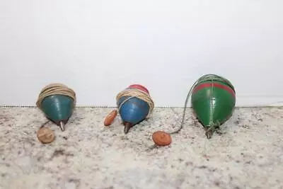 Vintage Antique Wooden Painted Grooved Spinning Tops Metal Tips Strings Lot Of 3 • $24.95