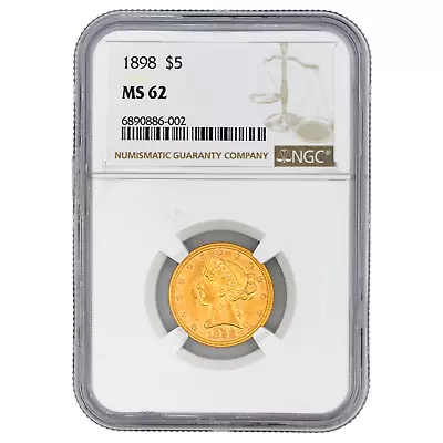 1898 $5 Liberty Head Half Eagle Us Mint 90% Gold Coin Ngc Certified Ms 62 Unc • $586