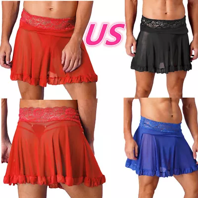 US Men's Lace Cross Dressing Plaid Skirt Paired With Transparent Thong Pant • $3.85