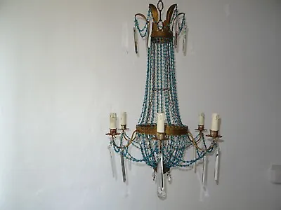 ~Italian Empire Blue Glass Beads Crystal Prisms Tole Chandelier C 1900~ • £2409.71