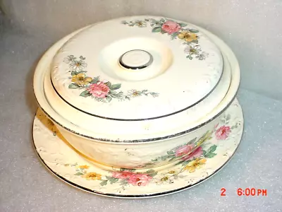 Vintage HOMER LAUGHLIN Oven Serve Embossed Covered Casserole W/ UNDERPLATE Roses • $25